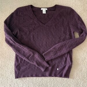 Tweeds Cashmere Purple Wine V-Neck Cable Knit Sweater